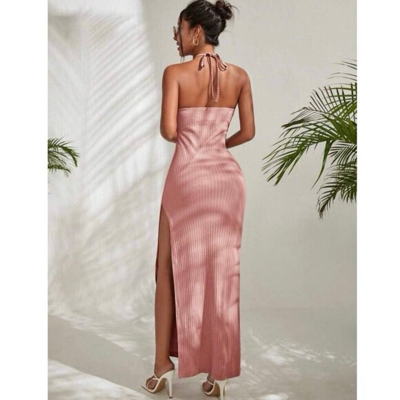 NWT SHEIN Vacay Pink Maxi Slit Cutout Halter Bodycon Dress Women’s Size Small - Picture 4 of 7